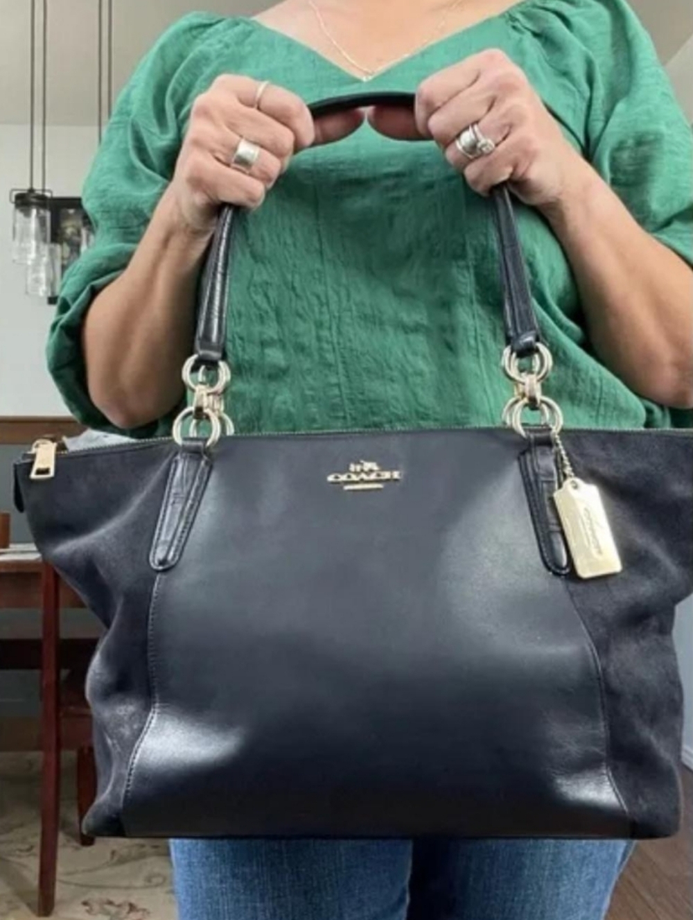 Coach Navy Blue Leather & Suede Tote with Gold Hardware
